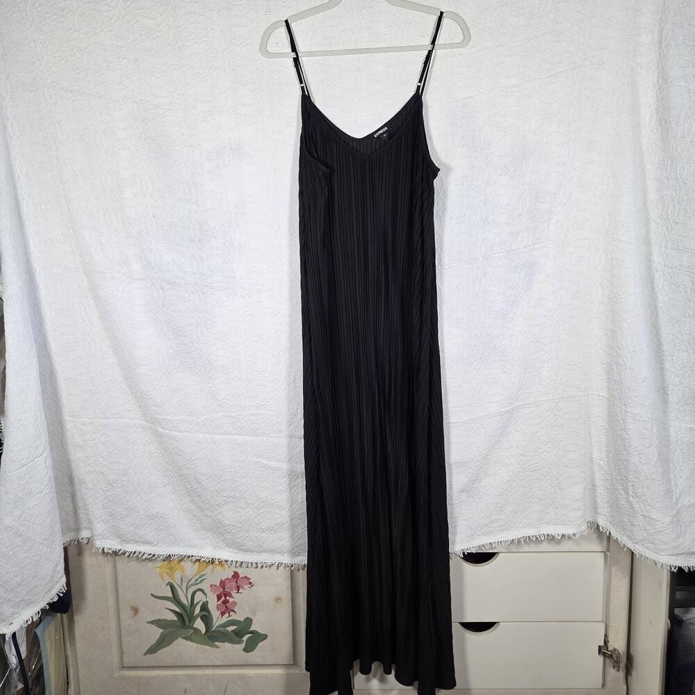 Express Black Pleated Maxi Dress Womens XL Spaghetti Strap Flowy Slip Dress